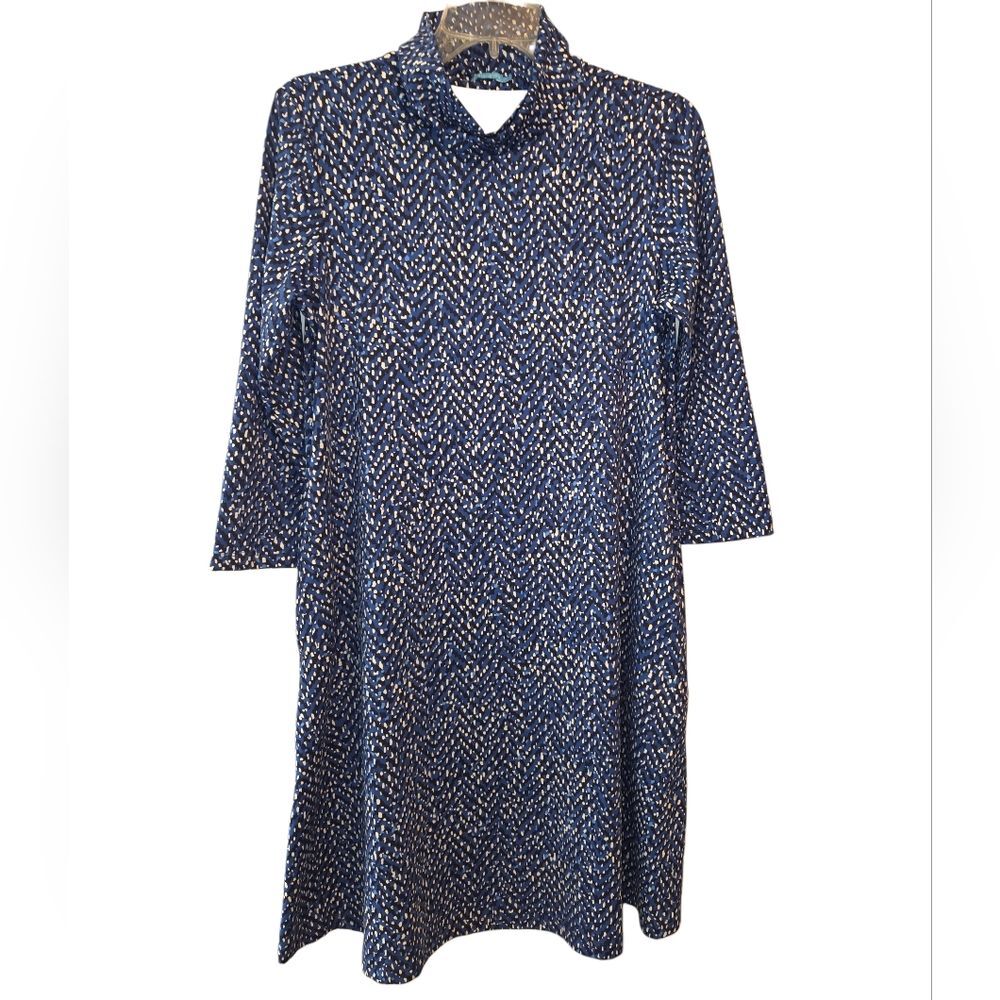 J. McLaughlin Blue Dot Mock Neck Stretchy Dress - Picture 2 of 11